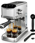 Compact Stainless Steel Espresso Machine, 20 Bar Pressure, Integrated Milk Frother, 45 Oz Tank pouring espresso into cups.