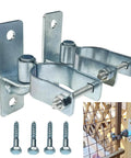Heavy Duty Gate Hinges 2-Pack Wall Mount 1-3/8 Inch For Chain Link Fence And Wood Gates shown with screws and installation example