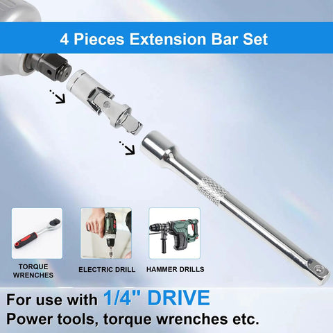 1/4 Inch Drive Extension Bar Set With 2, 4, And 6 Inch Extensions And 1/4 Inch Drive Universal Joint Sockets, 4 Piece Kit
