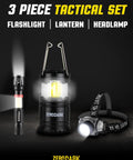 Three Piece Battery Powered LED Light Set With Flashlight Headlamp And Camping Lantern For Outdoor Adventures And Emergencies