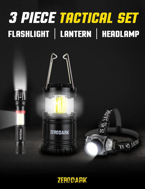 Three Piece Battery Powered LED Light Set With Flashlight Headlamp And Camping Lantern For Outdoor Adventures And Emergencies