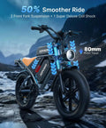 Powerful 2000W All Terrain Fat Tire Electric Bike for Adults with 28MPH top speed, shown on rocky terrain with front suspension.