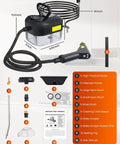 Image of Ultra Powerful 2500W Handheld Steam Cleaner showing components like nozzles and brushes for tough grime cleaning.