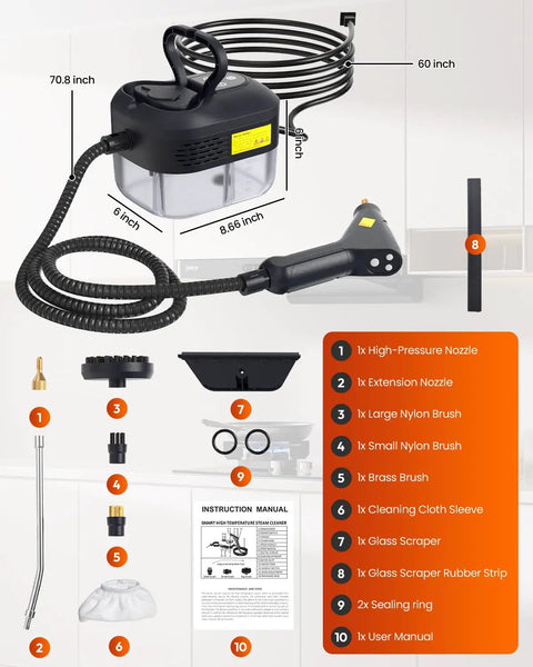 Image of Ultra Powerful 2500W Handheld Steam Cleaner showing components like nozzles and brushes for tough grime cleaning.