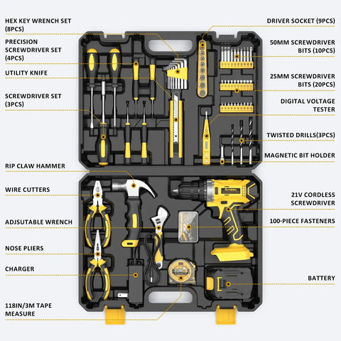 21V Drill Kit With 170 Pieces, Portable Home Repair Set, Power Drill, 2.0Ah Battery, Charger, And Toolbox For DIY Projects, House Repairs, And Everyday Handyman Jobs open view with tools organized inside black carrying case