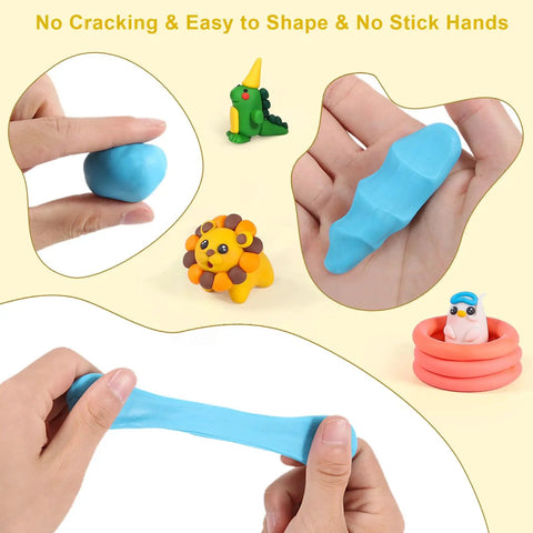 Polymer Clay Starter Kit With 60 Colors For Kids And Artists, showcasing blue clay being molded and colorful animal figures.