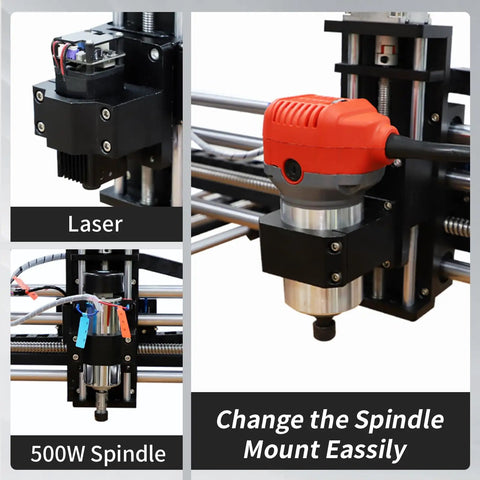 Upgraded 3 Axis CNC Router Milling Machine With Grbl Control, showing spindle and laser options, for engraving and cutting.