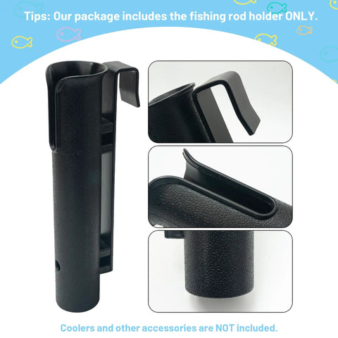 Black ABS wall mounted cooler fishing rod holder for YETI and RTIC, shown with hooks and textured surface, easy install.