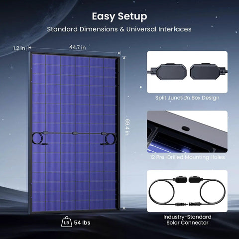 Bang For Buck Killer Energy 450W Bifacial Solar Panels 2 Pack with detailed dimensions and features for easy setup.
