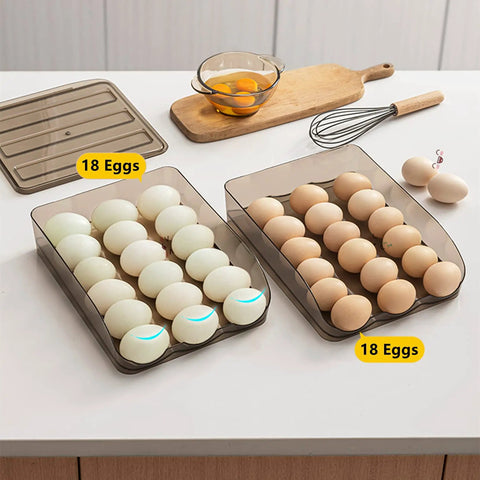 36 Grid Capacity Automatic Rolling Egg Holder For Refrigerator Two Layer Stackable Egg Tray Organizer Fridge Egg Storage Rack With No Fuss Auto Roll Design Food Grade PP Light Brown with eggs visible on countertop.