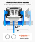 Manual I Beam Trolley 2 Ton Load With Dual Wheels Beefy Heavy Duty Carbon Steel showing adjustable width 2.4 to 7 inches