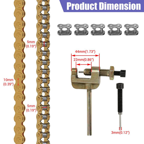 CILOYU 35 Chain Mini Bike Chain Breaker; metal tool with clamp beside gold bike chain links