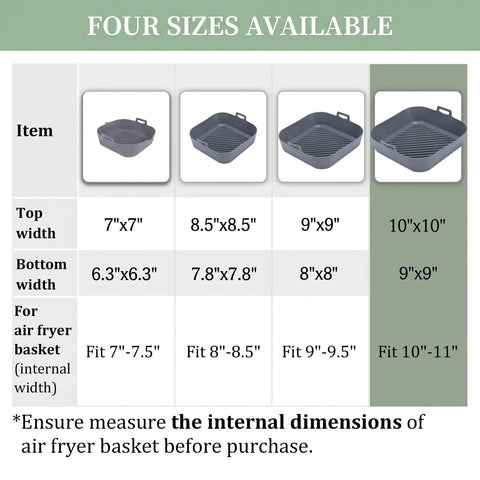 Comparison chart of Square Silicone Liners for Air Fryer Two Pack Nonstick Food Grade Reusable Basket Mats, showing four sizes.