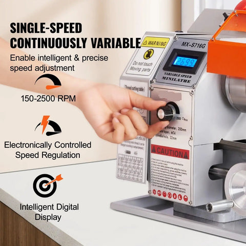 Adjustable speed control on the Powerhouse Brushless Mini Metal Lathe Machine 7 Inch x 16 Inch for precise turning.
