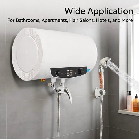 Wall Mounted Electric Tank Water Heater Boasts Kickin Hot Water Flow For Quick Showers And Cooking Tasks featuring a digital display and shower head.