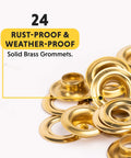 Close-up of rust-proof 24 solid brass grommets for Half Inch Grommet Refill Pack Of 24 Grommets For DIY Crafts Upholstery And Fabric Projects Easy To Use Replacement For Grommet Tools Multi Color Great For Leatherwork And Sewing Projects.