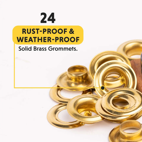 Close-up of rust-proof 24 solid brass grommets for Half Inch Grommet Refill Pack Of 24 Grommets For DIY Crafts Upholstery And Fabric Projects Easy To Use Replacement For Grommet Tools Multi Color Great For Leatherwork And Sewing Projects.