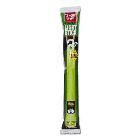 Front view of a green 6-inch safety light stick in clear packaging with hanging hook