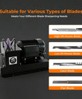 Give Your Yardwork A Major Upgrade With This Heavy Duty Blade Sharpener And Bench Grinder Boasting A Beefy 1Hp Motor, Fast Cutting 9 Inch Ceramic Wheel, No Hassle Angle Brackets, And Fresh Sandpaper Sheets - Heavy duty mower blade sharpener with various blades highlighted.