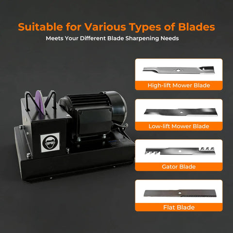 Give Your Yardwork A Major Upgrade With This Heavy Duty Blade Sharpener And Bench Grinder Boasting A Beefy 1Hp Motor, Fast Cutting 9 Inch Ceramic Wheel, No Hassle Angle Brackets, And Fresh Sandpaper Sheets - Heavy duty mower blade sharpener with various blades highlighted.
