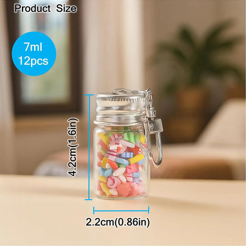 Top Tier 12 Pack 7 ml Mini Glass Bottle Keychains Featuring Secure Screw Lids And Heavy Duty Metal Rings Ready To Roll With You Anywhere Sweet For Oils Perfumes And Craft Projects Or Party Favors with colorful craft items inside.