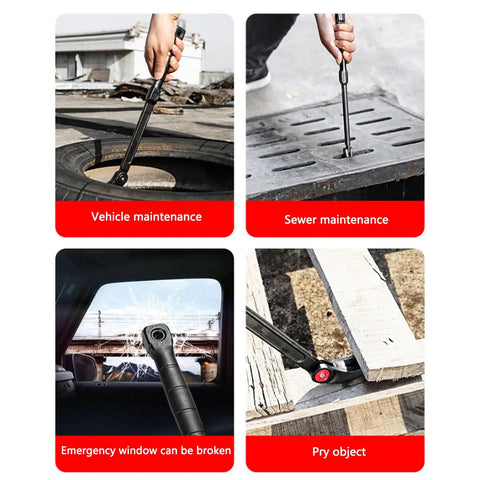 Extendable Indexing Pry Bar To Rip Off Stubborn Tire Beads And Clean Alloy Rims Smooth Heavy Duty CR V Steel Build With Knuckle Guard Comfy Grip used in vehicle maintenance.