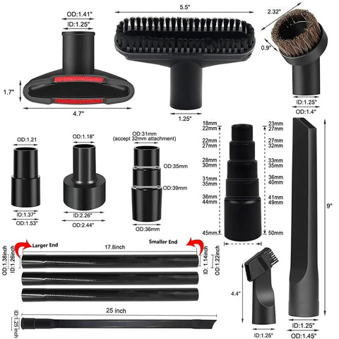 Detailed components of 16 Piece Universal Vacuum Attachments Kit For Shop Vac Accessories With 2.5 Inch To 1.25 Inch And 1.875 Inch To 1 Inch Hose Adapters, 1.25 Inch Vacuum Cleaner Attachments, Household Cleaning Kit.