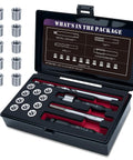 Stainless Steel M7x1.0 Thread Repair Kit With Inserts, Drill, Tap, Counterbore And Installation Driver, 10 Pieces in open case.
