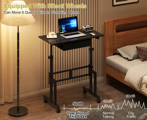 Adjustable Height Sit Stand Desk On Wheels With Drawer, Rolling Computer Desk For Standing Or Sitting, Black Mobile Desk in bedroom