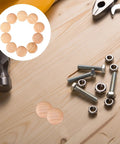 Wooden Screw Hole Plugs For Furniture Easy Install No Fuss Decorative Covers 50 Pack on workbench with tools and bolts