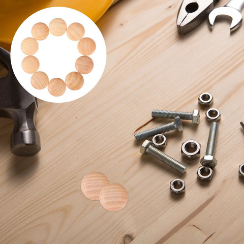 Wooden Screw Hole Plugs For Furniture Easy Install No Fuss Decorative Covers 50 Pack on workbench with tools and bolts
