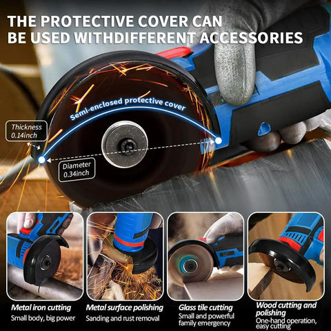 Close-up of Cordless Mini Angle Grinder Kit With Dual 12V Batteries cutting metal with protective cover.