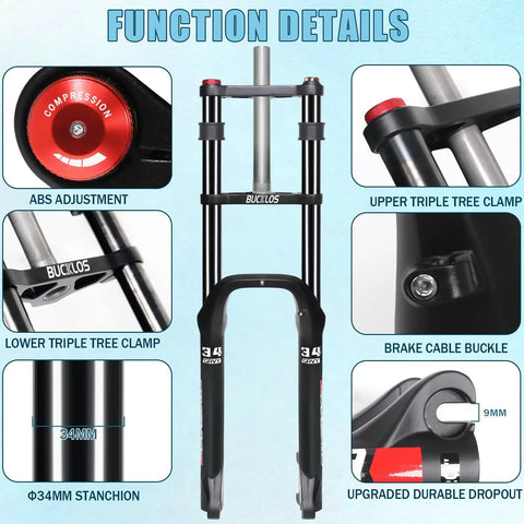26 Inch Fat Tire Front Suspension Fork For E Bikes And Snow Beach Mountain Bikes, 180mm Travel, function details focus