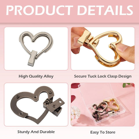 3-set heart-shaped purse turn-lock hardware: silver, gold, and dark metal finishes; includes closures and storage case.