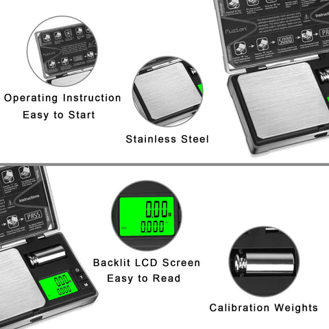 Pocket Digital Gram Scale 0.01g Precision With Upgraded LCD Display detailing screen, instructions, stainless steel, and calibration weights