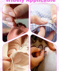 Close-up of hands using Ultra Handy Mini Sewing Kit For On The Go Travel Size Emergency Pocket Kit sewing different fabrics.