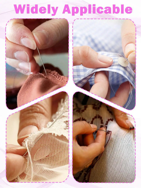 Close-up of hands using Ultra Handy Mini Sewing Kit For On The Go Travel Size Emergency Pocket Kit sewing different fabrics.