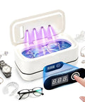 Pro Grade 45khz Ultrasonic Jewelry Cleaner That Cleans As A Whistle With Five Smart Timers And Auto Shutoff Big 400ml Stainless Steel Tub with glasses, jewelry, and digital timer.