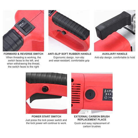 Close-up of Built Rock Solid 2300W Electric Pipe Threader Kit controls, featuring ergonomic handles and power switches for plumbing repair.