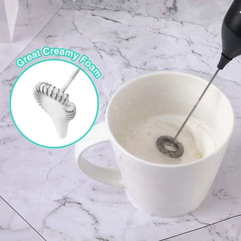 Rechargeable Milk Frother Wand Handheld Electric Foam Maker With USB C Power Detachable Stainless Steel Whisk For Coffee Latte Cappuccino Matcha No Stand Travel Ready Black in use making creamy foam in a cup