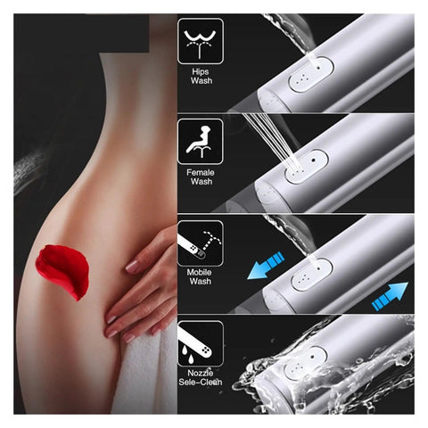 Image showing features of Super Sleek Square Black Smart Toilet Seat Bidet with wash options: hips, female, mobile wash.