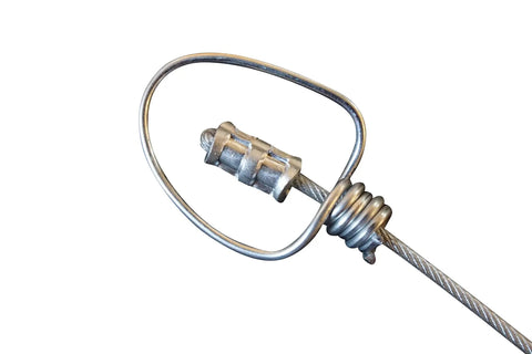 Close-up of Beefed Up Poultry Tie Cord Tether Pack Two with 8 inch steel vinyl coated cable and stainless steel swivel.