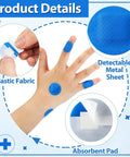 Blue Metal Detectable Bandages For Food Service, 150 Count Waterproof Adhesive Patches on hand, highlighting material details.