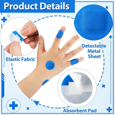 Blue Metal Detectable Bandages For Food Service, 150 Count Waterproof Adhesive Patches on hand, highlighting material details.
