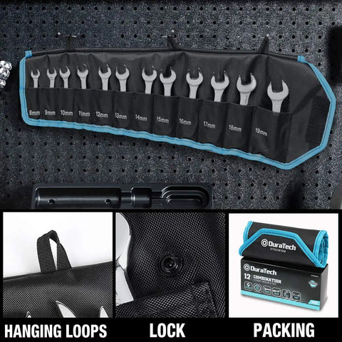 Stubby Metric Combination Wrench Set 12 Piece 8 To 19 mm Chrome Vanadium Hand Tools For Tight Spots Rust Resistant Chrome Finish Short Beam For Accessing Hard To Reach Fasteners, hanging roll
