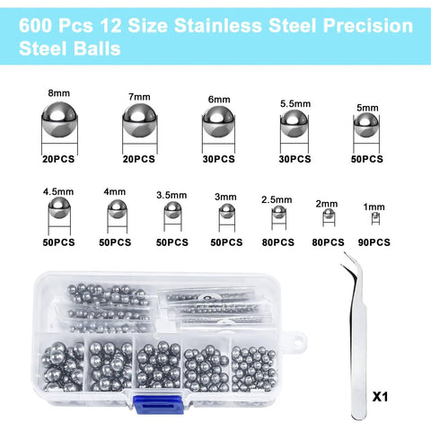 Image showing a 600 Piece 12 Size Stainless Steel Precision Balls Set 1 To 8 Mm For Nail Art DIY Crafts Paint Mixing Bearing Balls Kit Pro Grade Bead Set For Decorations And Hobby Projects with a storage box and sizes labeled.