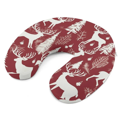 Cozy Christmas Deer Travel Neck Pillow With Memory Foam U Shape Support, featuring festive deer design on red cover