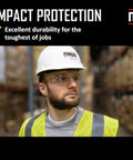 Tough As Nails Frameless Wraparound Safety Glasses Delivering Crisp Clear Polycarbonate Vision Anti Fog Coating And Cushioned Adjustable Nose Pads For Heavy Duty Construction Jobs 144 Pair Bulk Box worn by a worker in a warehouse.