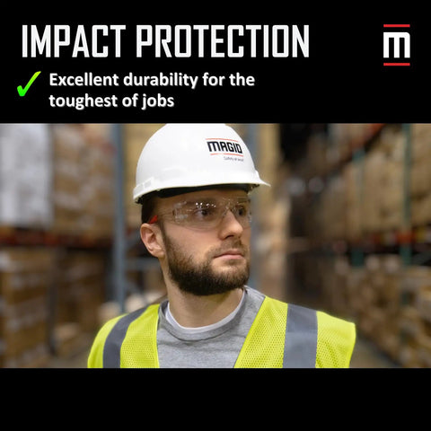 Tough As Nails Frameless Wraparound Safety Glasses Delivering Crisp Clear Polycarbonate Vision Anti Fog Coating And Cushioned Adjustable Nose Pads For Heavy Duty Construction Jobs 144 Pair Bulk Box worn by a worker in a warehouse.
