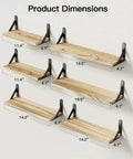 Solid Natural Paulownia Wood Floating Shelves Set Of Six with dimensions displayed, showcasing sizes for practical wall mounted use.